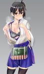  black_bra black_hair black_legwear blue_hakama blue_skirt blush bra breath brown_eyes dryman grey_background hakama highres japanese_clothes kaga_(kantai_collection) kantai_collection open_clothes parted_lips side_ponytail skindentation skirt solo standing sweat thighhighs underwear zettai_ryouiki 