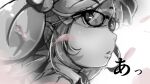  1girl bespectacled cabbie_hat collared_shirt commentary_request flanvia glasses greyscale hair_bobbles hair_ornament hat highres kawashiro_nitori lips looking_at_viewer monochrome parted_lips petals portrait shirt short_hair short_twintails simple_background solo touhou twintails 