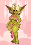 big_breasts blush breasts female frown goblin green_body green_skin hand_on_hip harem_outfit humanoid humanoid_pointy_ears looking_at_viewer not_furry piercing short_stack solo twistingtoxic