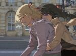  2girls bicycle black_hair blonde_hair blurry blurry_background breath brown_jacket brown_scarf checkered_clothes checkered_scarf chinese_commentary closed_eyes commentary_request hair_ribbon highres hug hug_from_behind inoue_takina jacket long_hair long_sleeves lycoris_recoil medium_hair multiple_girls nishikigi_chisato open_mouth outdoors purple_eyes purple_jacket red_ribbon ribbon riding riding_bicycle scarf smile upper_body yanlingjinshilihuahua 