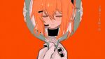  1girl 2974358920 a.i._voice adachi_rei apricot_(vocaloid) black_shirt blush chinese_commentary closed_eyes closed_mouth commentary_request facing_viewer gloves hair_ornament hair_ribbon hairclip hand_mirror holding holding_mirror lyrics mirror one_side_up orange_background orange_hair pov pov_hands ribbon shirt simple_background smile straight-on through_mirror two-handed utau white_gloves white_ribbon 