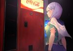  1girl ahonoko capelet circlet coca-cola commentary company_name eyelashes fire_emblem fire_emblem:_path_of_radiance ilyana_(fire_emblem) indoors logo long_hair open_mouth purple_eyes purple_hair solo standing symbol-only_commentary vending_machine white_capelet 
