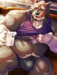absurd_res anthro belly biceps blush bodily_fluids brown_body brown_fur bulge clothing collecting_cum container cum cup eyebrows fur genital_fluids hi_res licking licking_lips lifewonders live_a_hero male mammal musclegut muscular pecs procyonid raccoon seikeikei2015 shirt solo tank_top thick_eyebrows thong tongue tongue_out topwear underwear viscunam