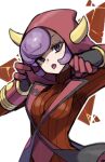  1girl black_gloves breasts courtney_(pokemon) cowlick dress gloves half-closed_eyes highres hood hooded_vest hoodie horned_hood horns long_sleeves medium_breasts ora_(oraora_oekaki) pokemon pokemon_oras purple_eyes purple_hair red_dress red_gloves red_hood ribbed_dress short_dress short_hair solo swept_bangs team_magma two-tone_gloves vest 