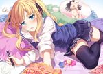  bare_arms bare_chest bare_shoulders black_legwear blonde_hair blue_eyes blush brown_hair candy collarbone covering covering_breasts drawing food imagining lollipop long_hair long_sleeves navel panties pen pillow pink_panties pornography saenai_heroine_no_sodatekata sawamura_spencer_eriri school_uniform sketchbook skirt solo thighhighs thought_bubble twintails underwear yasuno_(airy_light) 