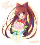  1girl aloe_(quiz_magic_academy) animal_ears artist_name black_shirt black_sleeves bouquet bow bowtie brown_hair cat_ears collared_shirt commentary_request cropped_torso flower gift_art glowing happy_birthday holding holding_bouquet leaf light_blush long_hair long_sleeves looking_at_viewer open_mouth orange_eyes pink_flower quiz_magic_academy red_bow red_bowtie school_uniform shirt simple_background smile solo sparkle split_ponytail usamata vignetting white_background white_flower 
