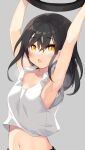  1girl armpits arms_up black_hair blush commentary crop_top exercise grey_background highres looking_at_viewer medium_hair midriff minamura_haruki navel open_mouth original outstretched_arms simple_background solo steaming_body sweat tank_top upper_body white_tank_top yellow_eyes 