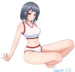  1girl alternate_costume barefoot bikini black_hair breasts highres indian_style kantai_collection large_breasts looking_at_viewer minase00 red_eyes short_hair simple_background sitting solo sports_bikini swimsuit white_background white_bikini yamashiro_(kancolle) 