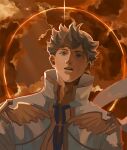  1boy blue_eyes blue_shirt brown_hair cardinal_(ragnarok_online) chinese_commentary cloud coat commentary_request cross cross_necklace dated_commentary expressionless fake_wings golden_wings halo halo_behind_head jewelry looking_at_viewer male_focus medium_bangs necklace open_mouth orange_halo orange_sky ragnarok_online shirt short_hair sky solo teeth upper_body upper_teeth_only white_coat wings z.i 