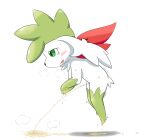 ambiguous_gender anthro bodily_fluids covering covering_self embarrassed flaccid generation_4_pokemon genital_fluids genitals green_body green_eyes hi_res legendary_pokemon nintendo omorashi patience peeing peeing_on_ground penis pokemon pokemon_(species) shaymin sky_forme_shaymin solo tawa_1908 tears urine urine_on_ground watersports