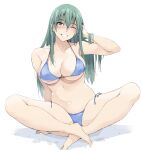 1girl ;) adjusting_hair alternate_costume aqua_eyes aqua_hair bikini blue_bikini breasts cleavage collarbone commentary_request hair_between_eyes highres indian_style kantai_collection long_hair looking_at_viewer navel one_eye_closed parted_lips side-tie_bikini_bottom simple_background sitting smile solo suzuya_(kancolle) swimsuit zekkyon 