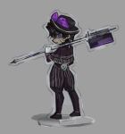  1boy acrylic_stand_(object) black_hat brown_capelet brown_hair brown_pants capelet chanil_(muexlku) closed_mouth full_body gold_trim grey_background hat heathcliff_(project_moon) highres holding holding_weapon limbus_company looking_at_viewer pants project_moon purple_eyes simple_background solo weapon 