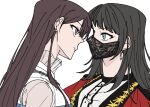  2girls a_jak bang_dream! bang_dream!_it&#039;s_mygo!!!!! black_hair black_mask blue_eyes brown_hair chain_necklace closed_mouth commentary_request ear_piercing earclip earrings eye_contact jacket jewelry korean_commentary long_hair looking_at_another mask mouth_mask multiple_girls necklace piercing purple_eyes red_jacket shiina_taki shirt simple_background upper_body white_background white_shirt yahata_umiri yuri 