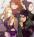  1girl 3boys akimichi_chouji black_hair blonde_hair blue_eyes brown_hair cigarette earrings eating facial_mark fishnets flak_jacket forehead_protector headband jewelry long_hair looking_at_viewer multiple_boys nara_shikamaru naruto naruto_shippuuden no_pupils ponytail rough sarutobi_asuma sitting smoke smoking tinami_(murasaki1783) wink yamanaka_ino 