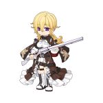  1girl blonde_hair boots bow bowtie breasts brown_cape brown_skirt bullet cape chain chibi closed_mouth cross-laced_footwear eyes_visible_through_hair full_body gun hair_between_eyes high-waist_skirt high_heel_boots high_heels holding holding_gun holding_weapon large_breasts long_bangs long_hair long_skirt long_sleeves looking_at_viewer low_ponytail night_watch_(ragnarok_online) official_art purple_eyes ragnarok_online red_cape revolver rifle shirt simple_background skirt smile sniper_rifle solo split_mouth standing tachi-e thigh_strap transparent_background two-sided_cape two-sided_fabric underbust weapon white_bow white_bowtie white_footwear white_shirt yuichirou 