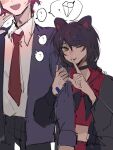  1boy 1girl ange_katrina animal_ears bandaid bandaid_on_hand black_choker black_hair black_jacket black_neckerchief blue_jacket chinese_commentary choker collared_shirt commentary_request dog_ears genderswap genderswap_(ftm) hetero highres inui_toko jacket lingyi long_hair long_sleeves midriff neckerchief necktie nijisanji one_eye_closed open_clothes open_jacket open_mouth red_hair red_necktie red_sailor_collar red_shirt sailor_collar school_uniform serafuku shirt short_hair smile spoken_food sweatdrop upper_body virtual_youtuber white_shirt yellow_eyes 