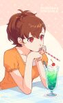  1girl absurdres brown_hair commentary_request copyright_name cream_soda cup drinking_straw drinking_straw_in_mouth eyelashes glass highres persona persona_3 persona_3_portable red_eyes shiomi_kotone short_hair sitting solo table yokaroni 