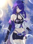  1girl absurdres acheron_(honkai:_star_rail) black_choker black_gloves bubble choker coat commentary_request cowboy_shot crop_top elbow_gloves gloves halterneck highres honkai:_star_rail honkai_(series) long_hair looking_at_viewer midriff navel parted_lips purple_eyes purple_hair single_bare_shoulder solo standing stomach thighs very_long_hair white_coat zhihuili_chieri 