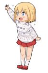  1girl aged_down arm_up blonde_hair blue_eyes blush child christmas_sweater fang finger_counting full_body girls_und_panzer katyusha_(girls_und_panzer) mary_janes nekopantsu_(blt) open_mouth red_skirt shoes short_hair skirt smile socks solo sweater white_socks 