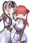  2girls absurdres black_hair blue_eyes blunt_bangs bodysuit breasts cosplay grey_hair hair_ribbon heterochromia highres hololive hololive_dev_is houshou_marine juufuutei_raden juufuutei_raden_(cosplay) large_breasts long_hair medium_breasts menma_(ru28) multicolored_hair multiple_girls open_mouth ponytail red_eyes red_hair red_ribbon ribbon shirt skirt sleeveless sleeveless_shirt smile streaked_hair twintails virtual_youtuber white_background white_shirt white_skirt yellow_eyes 