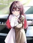  1girl arms_behind_back ascot azki_(4th_costume)_(hololive) azki_(hololive) breasts brown_hair brown_jacket car colored_inner_hair dress hair_between_eyes hair_ornament highres hinazuki_maara hololive jacket long_hair motor_vehicle multicolored_hair open_mouth pink_hair purple_eyes signature solo streaked_hair virtual_youtuber white_ascot white_dress white_hair 