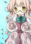  :d absurdres bunny double_bun empty_eyes glasses highres kantai_collection lightning long_hair makigumo_(kantai_collection) open_mouth pantyhose pink_hair ryuki_(ryukisukune) sitting sleeves_past_wrists smile twintails yellow_eyes 