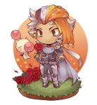  1boy bandana brown_eyes cape chibi chibi_only closed_mouth dissidia_final_fantasy final_fantasy final_fantasy_ii firion flower full_body grey_armor grey_cape grey_hair holding holding_flower kotorai looking_at_flowers male_focus moogle no_nose red_flower smile standing white_background 