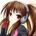  bow brown_hair headphones little_busters! long_hair natsume_rin pink_bow ponytail red_eyes school_uniform yuzuki_karin 