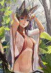  animal_ears bathing black_hair blue_eyes breasts butterfly_hair_ornament flower forest fox_ears groin hair_flower hair_ornament highres japanese_clothes large_breasts midriff miko nature navel open_clothes open_shirt original rayxray see-through shirt solo wet wet_clothes wet_hair wet_shirt 