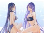  2girls acheron_(honkai:_star_rail) aoiabyss ass bare_arms bare_back bare_shoulders bikini blue_bikini blue_hair breasts cleavage clorinde_(genshin_impact) commentary genshin_impact highres honkai:_star_rail honkai_(series) large_breasts long_hair mihoyo multicolored_hair multiple_girls one-piece_swimsuit parted_lips purple_eyes purple_hair sitting stomach streaked_hair swimsuit thighs very_long_hair white_hair 