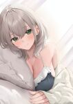  1girl backlighting blush breasts cleavage green_eyes grey_hair haro_art highres hololive large_breasts light_smile long_sleeves looking_at_viewer medium_hair on_bed pillow pov shirogane_noel solo virtual_youtuber 
