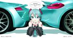  aqua_eyes aqua_hair bangs bare_shoulders black_skirt car chin_rest detached_sleeves ground_vehicle hair_between_eyes hair_ornament hands_on_own_face hatsune_miku headphones kabeu_mariko light_smile looking_at_viewer lying motor_vehicle necktie number on_stomach parted_bangs pleated_skirt porsche porsche_918 porsche_cayman pun shadow skirt smile solo speech_bubble tattoo translated twintails vocaloid white_background 