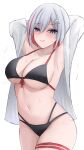  1girl armpits arms_up bare_shoulders bikini black_bikini blue_eyes breasts commentary_request cowboy_shot grey_hair grin highres honkai:_star_rail honkai_(series) large_breasts looking_at_viewer multicolored_hair namikare off_shoulder parted_lips red_hair short_hair simple_background smile solo standing streaked_hair sweat swimsuit thigh_strap thighs topaz_(honkai:_star_rail) white_background 