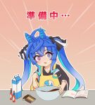  1girl @_@ ahoge animal_ears apron black_hoodie blue_eyes blue_hair book bow chocolate chocolate_making crossed_bangs emphasis_lines hair_bow hood hoodie horse_ears long_hair milk_carton monmonmur no_nose open_book open_mouth outline pink_eyes solo translation_request twin_turbo_(umamusume) twintails umamusume upper_body white_outline 