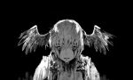 2023 absurd_res animal_humanoid avian avian_humanoid bird_humanoid black_background bodily_fluids crying darkness depression digital_media_(artwork) digital_painting_(artwork) feather_ear feathered_wings feathers female hi_res human humanoid looking_down mammal meteion_(final_fantasy_xiv) monochrome shura_(artist) simple_background solo tears wings