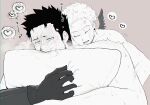  2boys artist_request bara blush boku_no_hero_academia endeavor_(boku_no_hero_academia) greyscale_with_colored_background hawks_(boku_no_hero_academia) heart highres hugging_object male_focus mature_male multiple_boys muscular muscular_male muscular_uke pillow pillow_hug solo_focus spoken_blush spoken_heart sweat thick_eyebrows torogao upper_body yaoi 