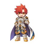  1boy armor armored_boots blue_cape boots breastplate cape chibi clenched_hand cross faulds full_body gauntlets hair_between_eyes hand_on_own_hip imperial_guard_(ragnarok_online) leg_armor looking_at_viewer male_focus medium_bangs official_art open_mouth orange_eyes parted_bangs pauldrons purple_cape ragnarok_online red_hair short_hair shoulder_armor simple_background smile solo standing tachi-e transparent_background two-sided_cape two-sided_fabric v-shaped_eyebrows yuichirou 