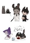  3boys absurdres animal_ears animalization astolfo_(project_moon) beeeeeebird black_eyes brown_hair cat_ears cat_tail chibi closed_eyes coat dark-skinned_male dark_skin dog dog_ears dog_tail fang hair_over_one_eye high_ponytail highres library_of_ruina long_hair long_sleeves looking_to_the_side multiple_boys olivier_(project_moon) open_mouth pants project_moon purple_eyes purple_hair rabbit rabbit_ears roland_(project_moon) tail vest white_coat white_pants white_vest 