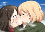  2girls blonde_hair blue_eyes blue_sky blush close-up closed_eyes girls_und_panzer hand_on_another&#039;s_cheek hand_on_another&#039;s_face katyusha_(girls_und_panzer) kiss long_hair looking_at_another multiple_girls nekopantsu_(blt) nonna_(girls_und_panzer) outdoors pravda_military_uniform short_hair sky surprised yuri 