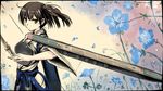  bad_id bad_pixiv_id bow_(weapon) brown_eyes brown_hair flight_deck flower hakama highres japanese_clothes kaga_(kantai_collection) kantai_collection looking_at_viewer marker_(medium) muneate short_hair short_sidetail signature solo tenrai traditional_media weapon 