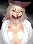 2024 anthro bathrobe big_breasts black_nose blonde_hair blush blush_lines breasts bust_portrait canid cleavage clothed clothing digital_media_(artwork) eyebrows female front_view fur hair hi_res huge_breasts inner_boob looking_at_viewer mammal narrowed_eyes open_mouth open_smile portrait pyon_ko robe smile solo tan_body tan_ears tan_eyebrows tan_face tan_fur tan_hair topwear two_tone_face white_clothing white_topwear yellow_eyes