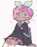  1girl bag bow bowtie earrings hair_bow hekoningyou_(waraningyou) highres jewelry kneehighs looking_at_viewer nail_polish octoling original pink_eyes pleated_skirt school_bag school_uniform skirt smile socks solo splatoon_(series) tentacle_hair two-tone_eyes yellow_eyes 