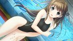  blush braid breast_hold breasts brown_hair collarbone competition_swimsuit covering dutch_angle game_cg grey_eyes hair_ribbon hand_on_own_thigh haru_kiss highleg highleg_swimsuit lane_line long_hair marui_(koedame) one-piece_swimsuit open_mouth pool poolside ribbon solo swimsuit yasumi_itsuki 