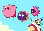  blue_skin blue_sky blush_stickers colored_skin commentary_request floating gloves gooey_(kirby) highres king_dedede kirby kirby:_star_allies kirby_(series) mikanbako_(aitatadon3) no_humans one-eyed open_mouth pink_skin pom_pom_(clothes) sky solid_oval_eyes sweat void_termina wall-eyed yellow_gloves 