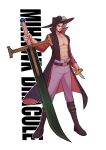  1boy abs beard black_hair character_name closed_mouth commentary_request dracule_mihawk facial_hair full_body hat hat_feather highres holding holding_knife holding_sword holding_weapon knife male_focus mustache one_piece open_clothes open_mouth russian_commentary shirmart1 short_hair sideburns solo standing sword weapon yellow_eyes 