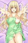  blonde_hair blue_eyes blush breasts commentary_request from_above kamia_(not_found) large_breasts long_hair looking_at_viewer looking_up lying naked_towel neptune_(series) nipples on_back open_mouth outstretched_arms pussy smile solo towel uncensored vert 
