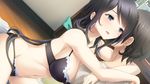  1girl black_bra black_eyes black_hair black_panties blush bow bra breasts cleavage dutch_angle game_cg hair_bow haru_kiss hug hyoudou_amane large_breasts leaning_forward long_hair mikoto_akemi panties sitting underwear underwear_only 