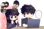  1girl 2boys absurdres animal_ear_fluff animal_ears black_hair brother_and_sister cat_ears chair chibi closed_mouth commentary computer desk highres j_humbo komi-san_wa_komyushou_desu komi_shouko komi_shousuke laptop long_hair long_sleeves looking_to_the_side messy_hair motion_lines multiple_boys no_mouth no_nose purple_eyes purple_hair shirt short_hair siblings sweater symbol-only_commentary tadano_hitohito trembling turtleneck turtleneck_sweater upper_body 