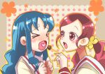 &gt;_&lt; 2girls blue_hair blush border brown_border chocolate clenched_hands collared_shirt commentary_request eyelashes face-to-face feeding flower furrowed_brow gradient_outline hair_flower hair_ornament hanasaki_tsubomi heart heart_in_mouth heartcatch_precure! holding holding_stick kurumi_erika light_blush long_hair long_sleeves looking_at_another low_twintails lowres multiple_girls myoudou_gakuen_middle_school_uniform open_mouth orange_flower orange_outline outline outside_border pink_eyes pink_hair polka_dot polka_dot_background precure raised_eyebrows sailor_collar school_uniform shirt simple_background sparkling_eyes star_(symbol) star_in_eye stick symbol_in_eye taora twintails upper_body wavy_hair white_background white_sailor_collar yellow_flower yellow_outline yellow_shirt yellow_sleeves 