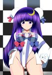  borrowed_design bun_cover checkered checkered_background crescent double_bun groin highleg highleg_leotard kagayama_hajime leotard long_hair patchouli_knowledge purple_eyes purple_hair race_queen standing touhou 